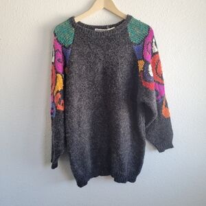 Vintage Gray Sweater with Colorful Patterns